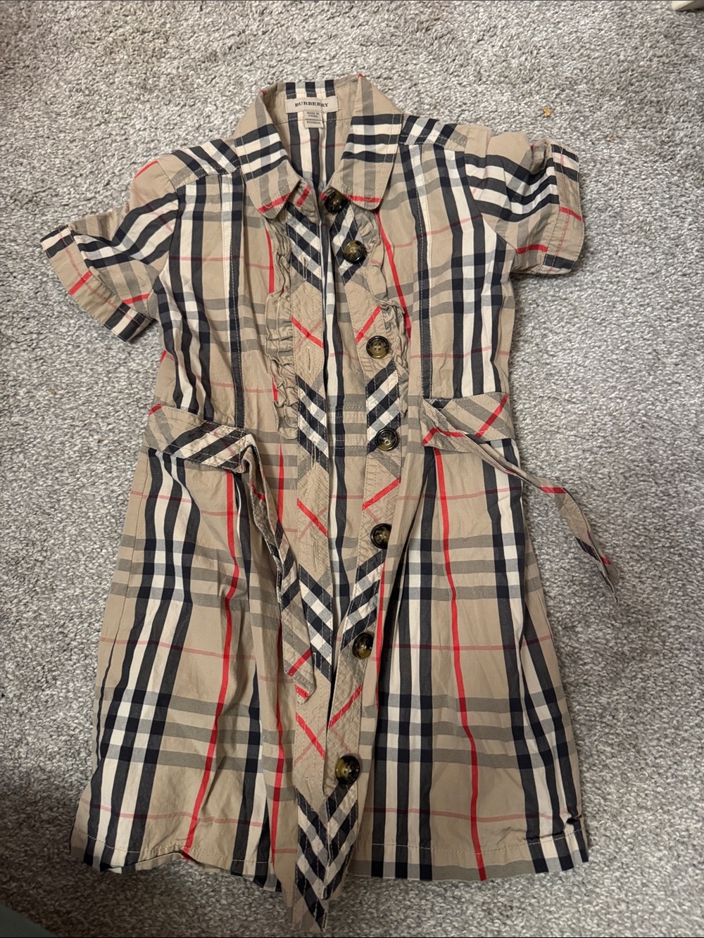 Burberry Beige Navy and Red Plaid Short Sleeve Dress